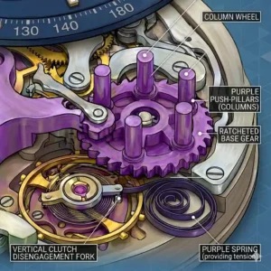 A technical drawing comparing column-wheel and cam systems to illustrate what is a chronograph watch and how it works.
