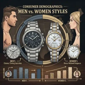 A consumer demographic infographic comparing men's sport chronographs and women's elegant dress designs offered by the most popular watch brands in the USA.