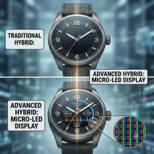 An illustration of the hidden MicroLED and E-ink display technology used in the future of hybrid smartwatches.