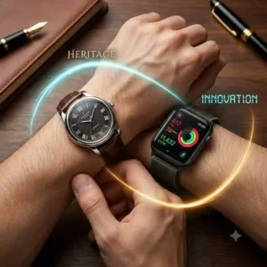 A person wearing both styles of watches on their wrists, reflecting how smartwatch sales affect traditional watchmakers in daily life.