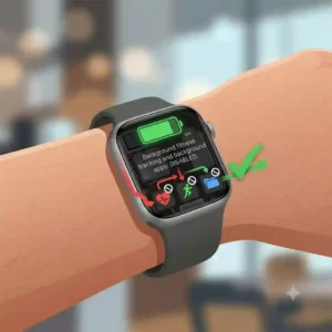 A conceptual graphic showing background apps and continuous fitness tracking being turned off on a smartwatch, explaining how to extend smartwatch battery life.