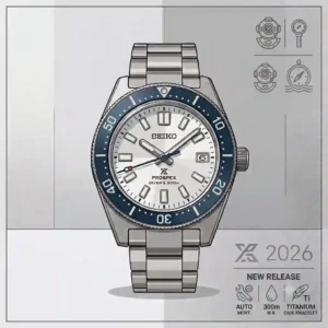 A refined technical line-art illustration of the new seiko releases 2026 Prospex diver's watch and its specifications.