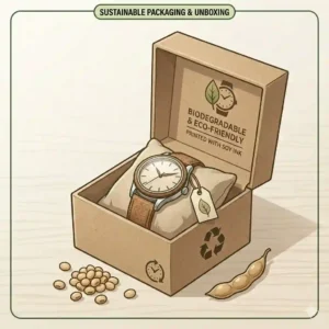 A sleek watch displayed in biodegradable packaging from conscious sustainable and eco-friendly watch brands.