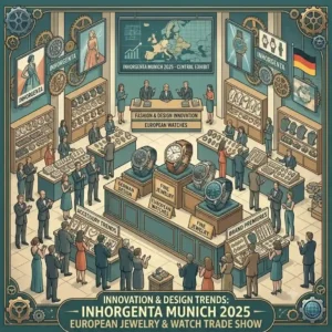 Modern trade show booths displaying European jewelry and timepiece designs at Inhorgenta Munich, included in top watch trade shows and events 2025.