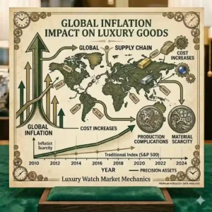 A global map illustration showing supply chain pressure arrows, visualizing why luxury watches are getting more expensive.