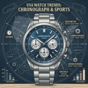 A technical layout highlighting the sub-dials and tachymeter features of a sports chronograph, reflecting the top trending design style from the most popular watch brands in the USA.