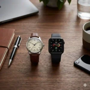 A desk setup with two different watches showing the future coexistence and how smartwatch sales affect traditional watchmakers.