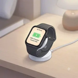 A smartwatch resting safely on its magnetic charging dock, avoiding extreme heat to maintain long-term battery health and how to extend smartwatch battery life.