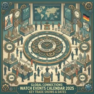 An infographic timeline detailing dates and locations for the top watch trade shows and events 2025 worldwide.
