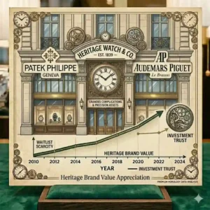 An illustration of a prestigious historic Swiss boutique facade, conveying why luxury watches are getting more expensive.