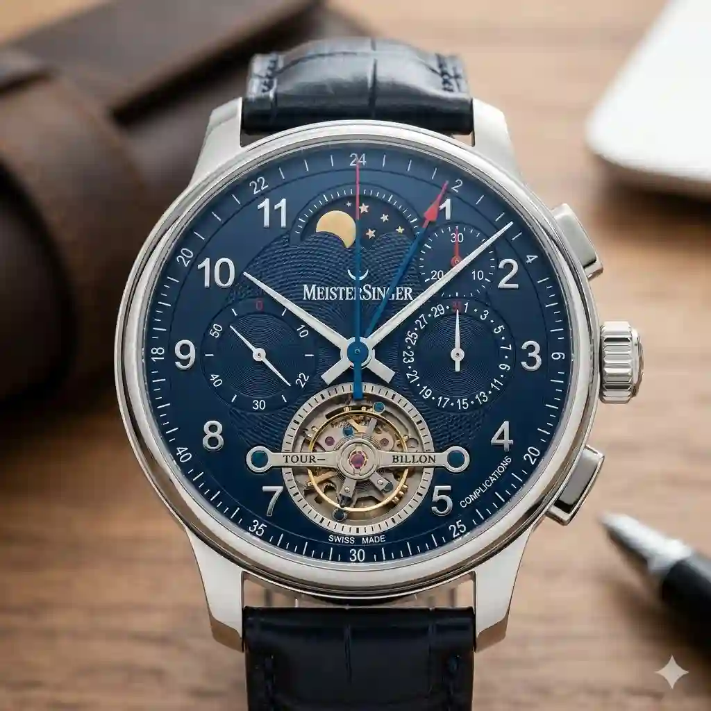 A luxury automatic watch dial showing the meaning behind different watch complications including sub-dials and date windows.
