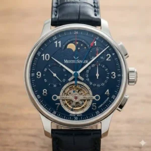 Close-up of a vintage steel chronograph dial explaining the meaning behind different watch complications used for timing.