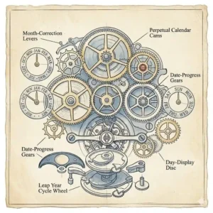 A complex perpetual calendar watch face showing various displays to explain the meaning behind different watch complications.