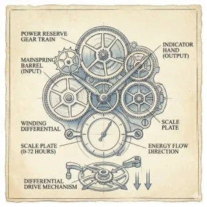 A minimalist watch dial featuring a power reserve indicator to clarify the utility meaning behind different watch complications.