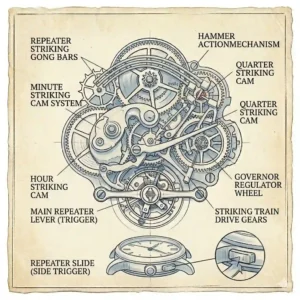 Interior view of mechanical hammers and gongs inside a repeater to explore the auditory meaning behind different watch complications.