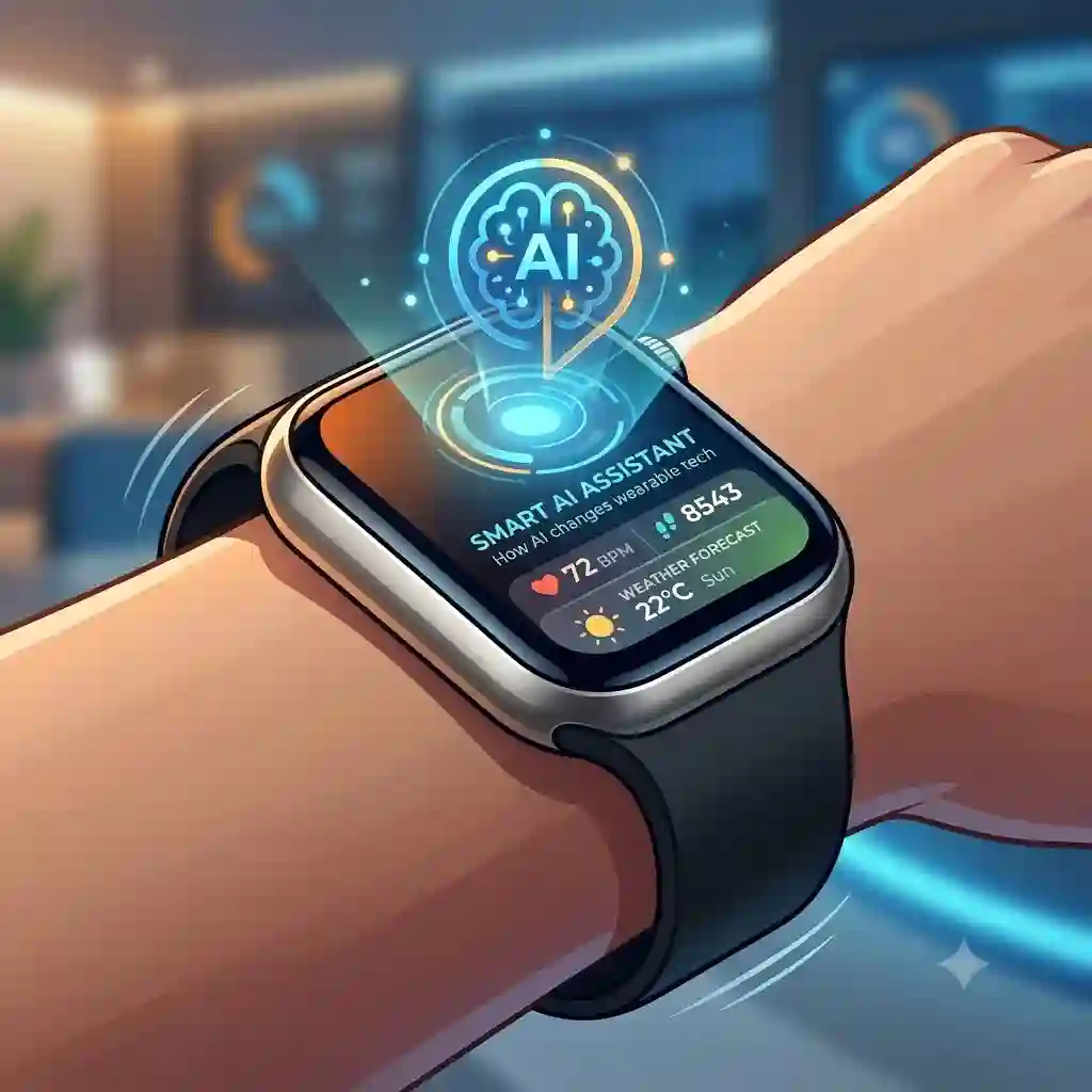 A close-up of a holographic interface emerging from a wrist device, showcasing how AI is changing smartwatch technology in daily life.
