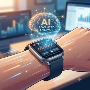 A detailed graphic overlay of heart rate and step data on a device screen, illustrating how AI is changing smartwatch technology for health monitoring.