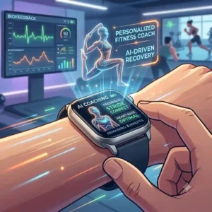An illustration of a virtual trainer projecting from a wrist-worn device, showing how AI is changing smartwatch technology through personalized fitness coaching.