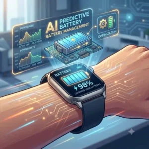 A technical diagram displaying an optimized battery usage chart and data flow, demonstrating how AI is changing smartwatch technology by extending battery life.