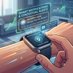A view of a screen prioritizing message and location alerts with contextual summaries, showing how AI is changing smartwatch technology for smart notifications.
