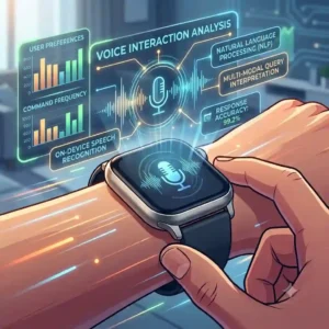 A user speaking directly into their device with an integrated dynamic sound wave and microphone icon, showing how AI is changing smartwatch technology via voice assistants.