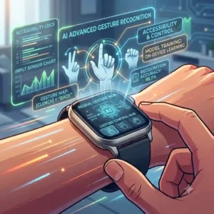 A graphic showing a user navigating the device using only hand movements (pinching and clenching), demonstrating how AI is changing smartwatch technology with gesture control.