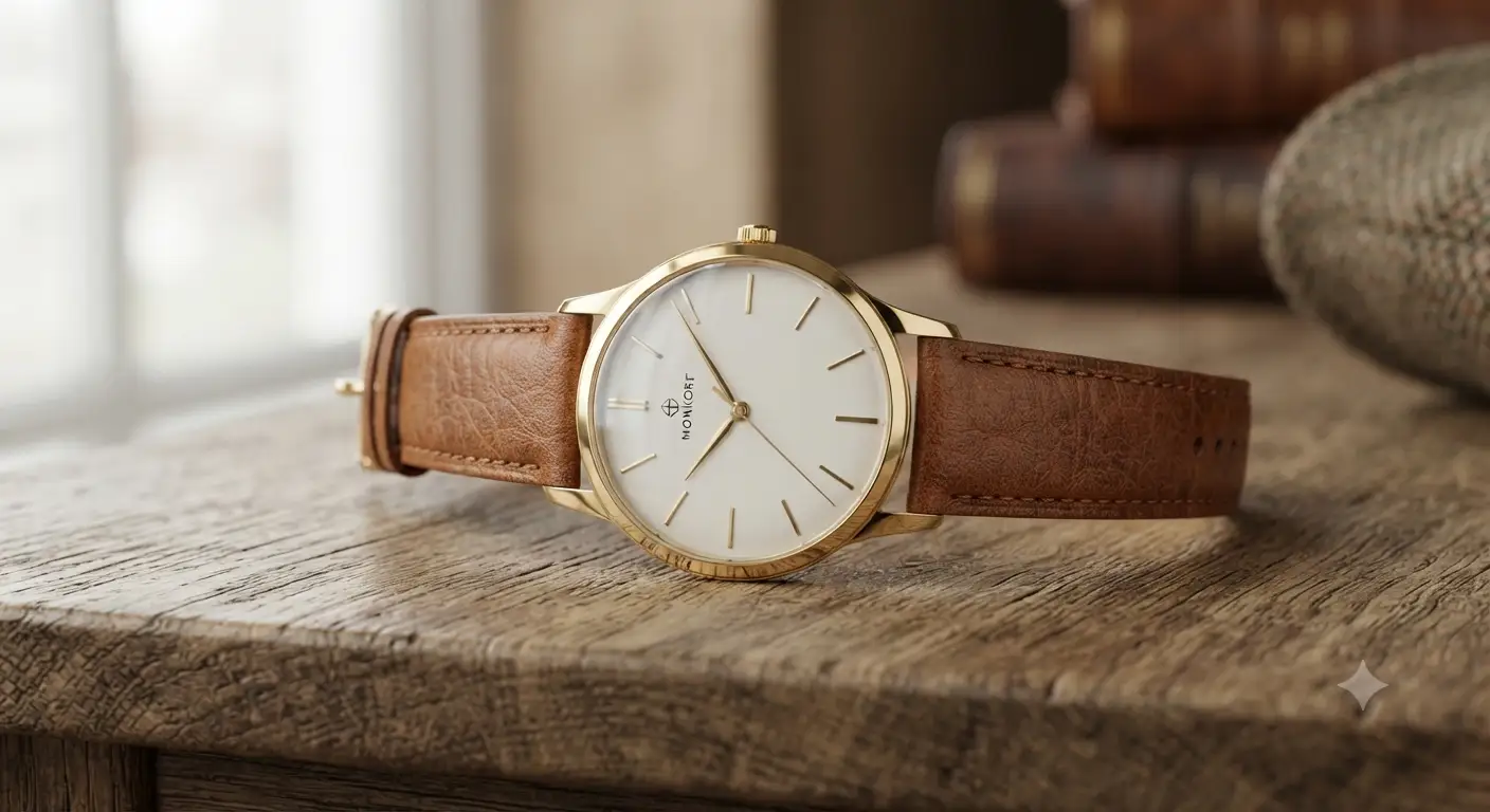 A classic men's gold watch featuring a genuine leather strap and minimalist white dial.